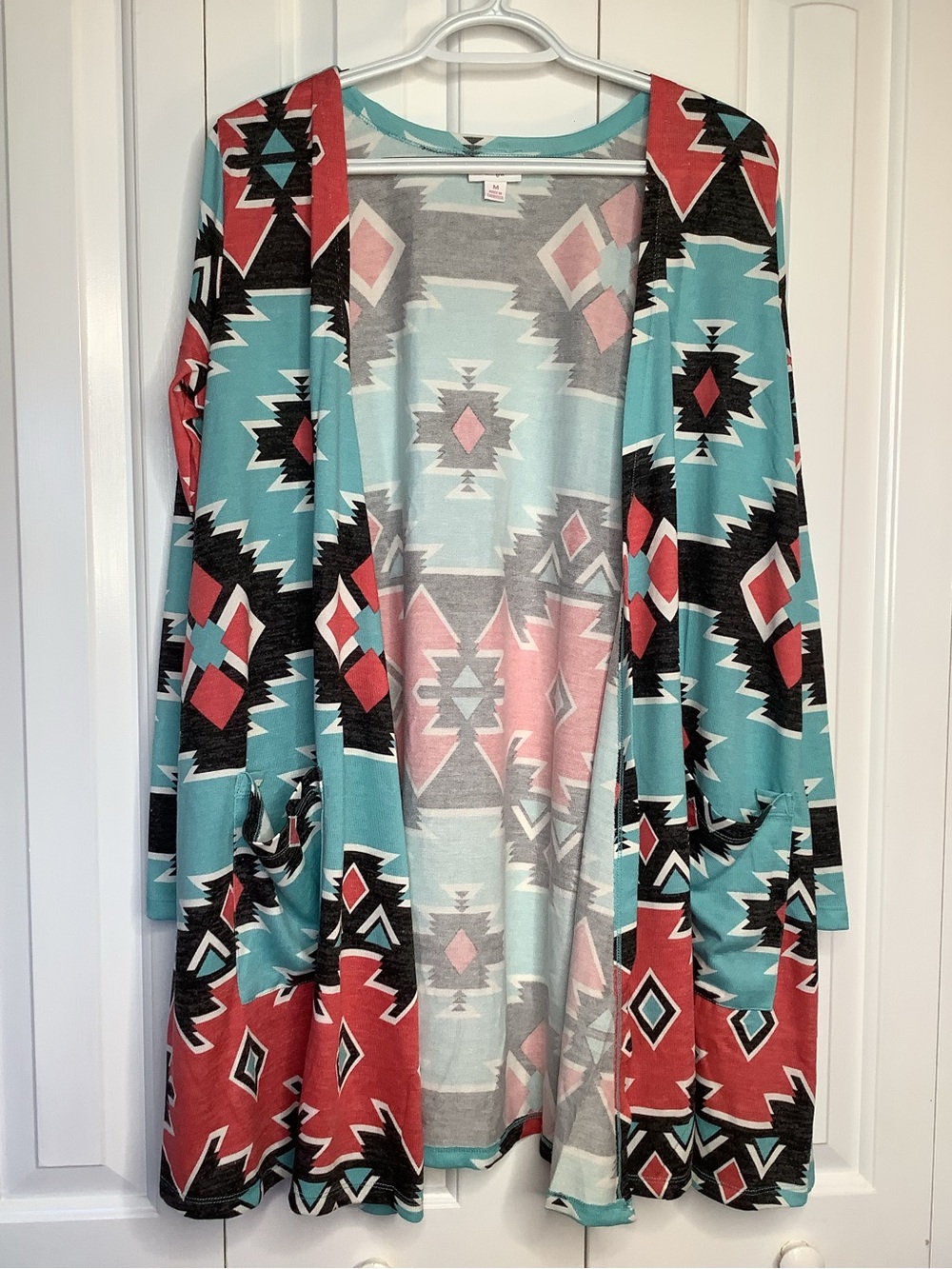 LuLaRoe NWT Caroline Open Aztec Knit Cardigan Turquoise, Coral & Black Pockets